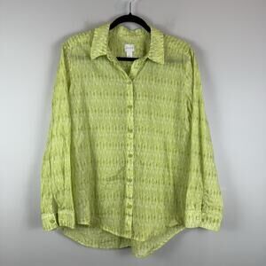 Chico’s Top Women 2 L Green Print‎ Semi Sheer Long Sleeve Button Up Mature Work